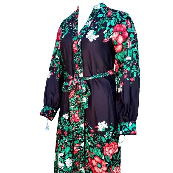 Anthropologie Bohemian Midi Shirt Dress 12 Long Sleeve Black and Green Floral - Picture 9 of 12